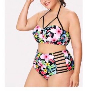 Plus Floral Print Top w/ Ladder Cutout Bikini Set
